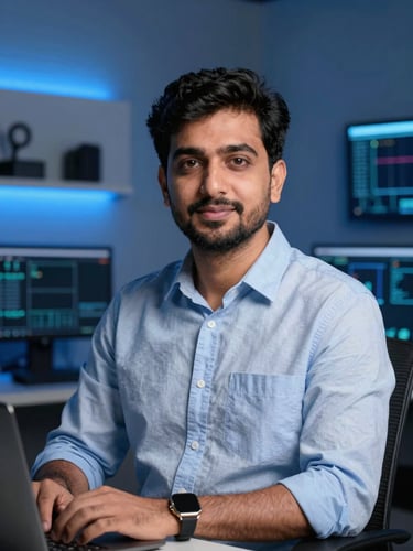 Approach of Md Sharukh, professional educator in a modern tech studio with subtle blue backlighting, looking at the camera, 35mm photography