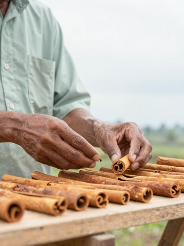 Hands of an Indonesian farmer inspecting sun-dried cinnamon sticks on a clean wooden rack, bright overcast sky, soft natural daylight
