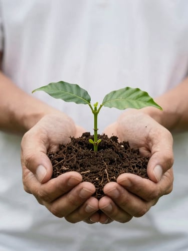 Close-up of a farmer's hands gently holding rich dark soil with young green coffee plant shoots, soft overcast natural light, detailed texture of the earth, 35mm lens.