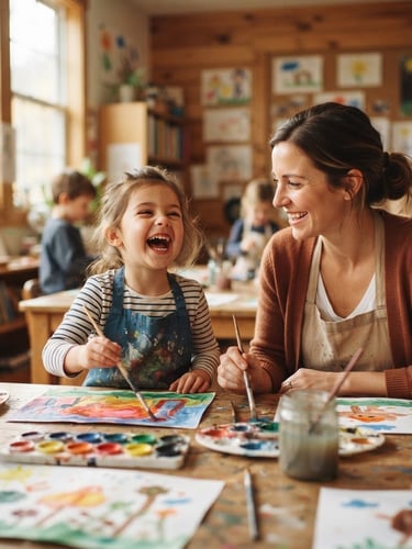 Warm editorial photography, a child laughing while painting with a teacher in a sunlit classroom, soft focus, natural light, eye-level framing