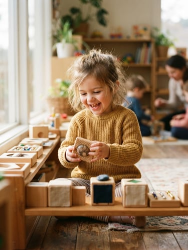 Warm candid editorial photograph of a young child smiling while exploring sensory wooden blocks in a sunlit classroom, soft focus, natural lighting