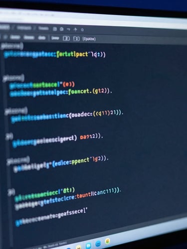 Macro close-up of clean source code on a high-end monitor, cool-toned studio lighting, deep slate and electric blue highlights, high contrast