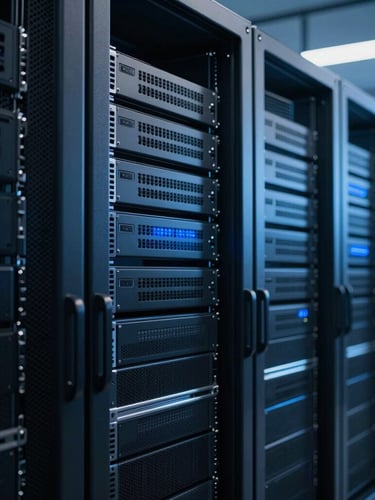 Sleek server racks in a modern clean datacenter, cool-toned studio lighting, deep shadows with sharp blue highlights, high contrast