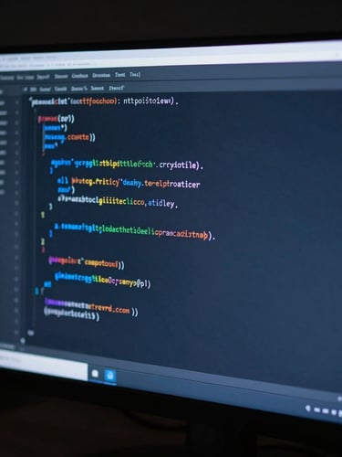 Close-up macro shot of clean code on a high-end monitor in a dark room, cool-toned studio lighting, deep slate and electric blue highlights, high contrast