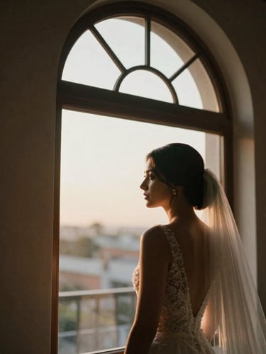 A quiet, candid moment of a bride looking out a tall arched window, soft golden-hour light illuminating her face, rich muted tones, shallow depth of field, 35mm film look.