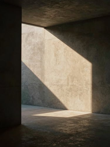 Dramatic directional window light illuminating a minimalist concrete interior, sharp architectural lines, soft dust motes, rich shadows, 35mm film look.