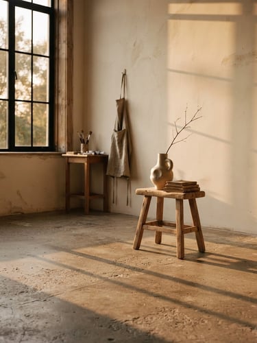 A minimalist studio interior with dramatic directional window light casting long shadows on a concrete floor, warm cream tones, cinematic editorial photography, 35mm film look.