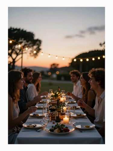 An atmospheric environmental shot of an outdoor dinner party at sunset, warm string lights glowing, guests laughing in soft focus, low-angle natural light.