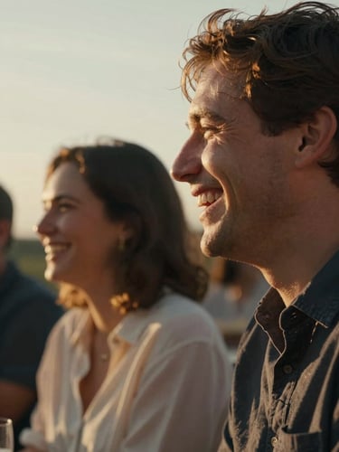 A warm, close-up shot of two guests laughing naturally at an outdoor gathering, captured in profile under low-angle golden-hour sunlight, cinematic depth of field.