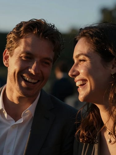 Intimate close-up portrait of two guests sharing a candid laugh at a twilight reception, warm low-angle sunset light highlighting their expressions, cinematic focus, dark background