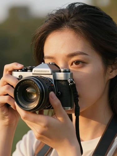 A close-up portrait of a female photographer with warm, natural golden hour sunlight hitting her face, holding a vintage camera, soft out-of-focus background of trees.