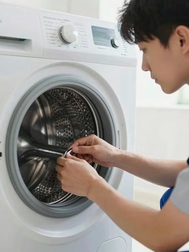 A close-up portrait of a professional technician in a clean uniform inspecting a washing machine drum, bright natural light, sharp focus, 35mm