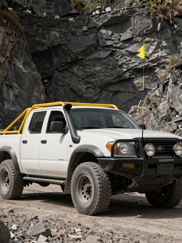 Low-angle heroic shot of a white mining-spec pickup truck equipped with a yellow roll cage and a tall safety flag, parked on a rugged dirt road inside an active mine site, harsh natural daylight.