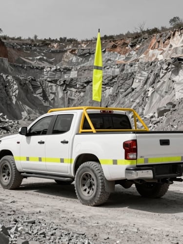 Low-angle heroic shot of a heavy-duty white pickup truck equipped with a yellow roll cage, tall high-visibility safety flag, and reflective safety striping, parked on a dusty gravel road inside an active open-pit mine, harsh daylight, high-contrast desaturated tones
