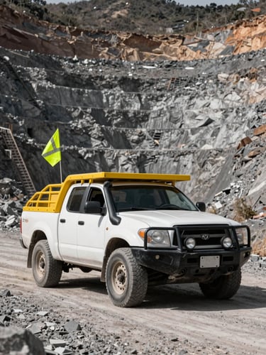 Low-angle heroic shot of a white mining pickup truck fitted with a yellow roll cage and high-visibility safety flag, parked on a gravel road in a vast open-pit mine in northern Mexico, harsh daylight.