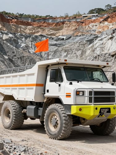 Low-angle heroic shot of a heavy-duty white mining pickup truck fitted with a high-visibility orange safety flag and steel roll cage, parked on a dusty gravel road inside a massive open-pit mine, harsh daylight casting sharp shadows