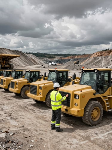 Wide environmental shot of a professional contractor in high-visibility safety gear and hardhat inspecting a mining vehicle fleet, active open-pit mining backdrop with heavy machinery under dramatic overcast skies