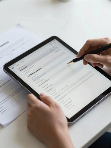 Close-up of hands on a tablet reviewing a vehicle listing document in natural office light, clean white desk surface visible, a printed vehicle certification form partially visible beside the tablet, neutral and precise framing, no people's faces visible