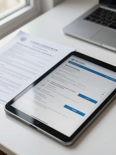 Close-up overhead view of certified vehicle transaction documents and a tablet displaying a vehicle listing interface on a clean white desk, natural window light from the left, paperwork partially overlapping, no people visible, precise and documentary feel
