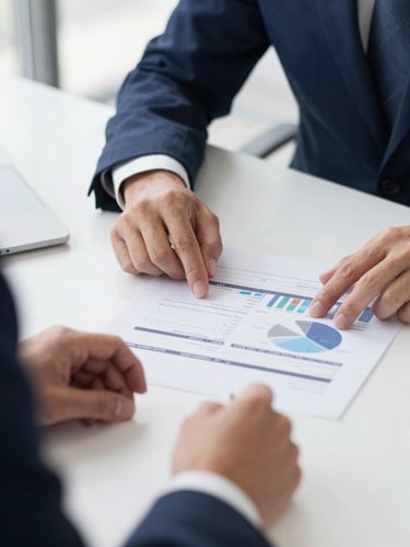 Close-up of a professional advisor's hands reviewing clean financial charts on a modern desk, bright natural daylight, sharp focus, professional editorial style.