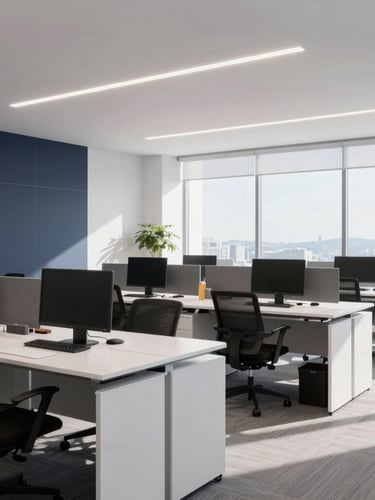 Modern corporate office environment in San José, wide shot of clean and professional workspace with soft natural daylight, 35mm lens