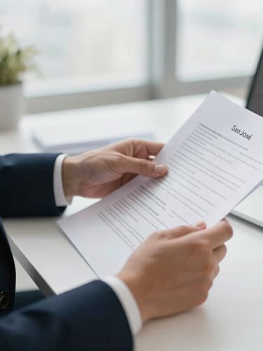 Close-up of hands reviewing clean financial documents in a bright, natural daylight office in San José, professional editorial photography, 35mm lens