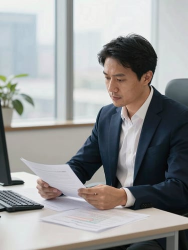 Professional corporate advisor reviewing clean financial documents in a bright San Jose office, natural daylight, deep navy tones, 35mm lens