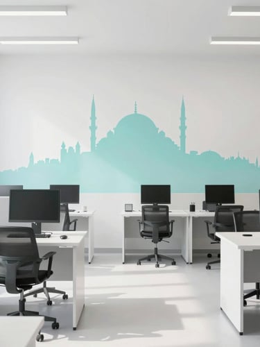 Güneş ışığı alan, modern bir ofis odasında, temizlik ekipmanları düzenli bir şekilde duruyor, arka planda İstanbul silüeti, yüksek çözünürlüklü, minimalist iç mekan fotoğrafçılığı, yumuşak sabah gün ışığı, aydınlık beyaz ve yumuşak teal tonları, üst düzey editoryal, 35mm lens.