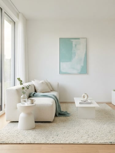 Güneş ışığı alan, minimalist ve ferah bir oturma odası, beyaz ve açık teal tonlarında, kusursuz temizlik vurgulu. Yüksek kaliteli editorial fotoğrafçılık.