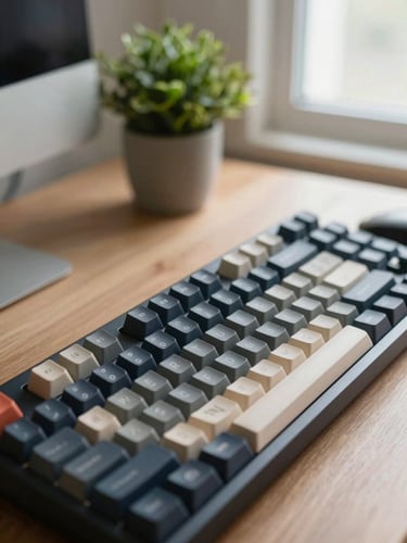 Moody close-up of a neatly organized physical workspace with a mechanical keyboard, a small green plant, and soft natural window light