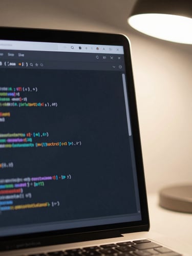 A clean browser mockup of a live software project showing structured code lines, soft desk lamp light, deep slate and warm cream tones, macro lens, 35mm