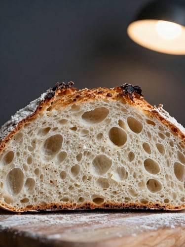 Macro close-up of a freshly baked sourdough loaf cut in half, showing a wild open crumb structure, dusted with flour, warm ambient light