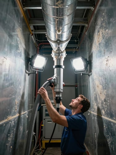 Technician hands operating a large industrial duct-cleaning vacuum hose inside an open commercial HVAC duct, bright portable floodlight casting sharp shadows on dust-covered metal walls, equipment cables visible in mid-ground, overhead angle