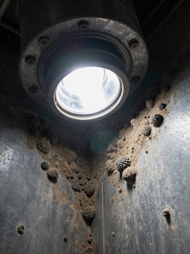 Extreme close-up inside a commercial air duct, bright flashlight illumination revealing thick dust colonies and dark debris clusters clinging to bare sheet metal walls, high-contrast documentary framing, no enhancement