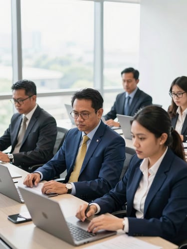 Bright corporate office setting, a group of professional Indonesian adults in business attire actively engaged in a certification assessment, natural daylight, sharp focus, 35mm