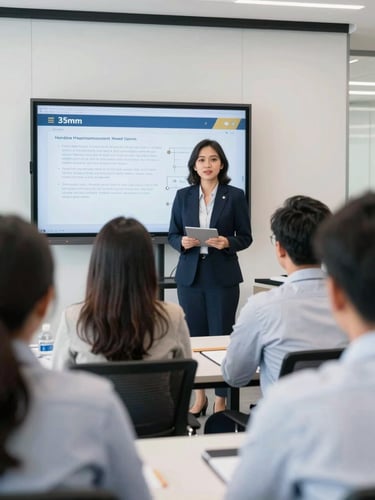 An Indonesian female professional presenting her project on a screen during a modern corporate training session, colleagues watching attentively, bright classroom, 35mm