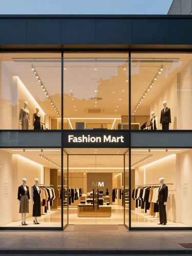 Architectural exterior of a modern MM Fashion Mart showroom at dusk, warm gold interior lighting glowing through large glass windows, clean minimalist design.