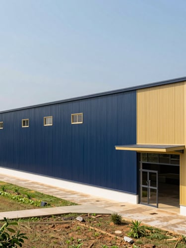 Wide environmental shot of a modern agricultural holding facility in Sri Lanka, clean architectural lines, bright natural daylight, crisp medium format photography.