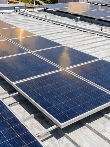 Industrial solar panel installation on a regional rooftop, bright natural sunlight, high-contrast blue and amber tones, sharp focus, 35mm lens