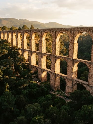 Low-angle majestic wide shot of the monumental stone aqueduct of Xalpa, golden-hour light casting long shadows through the arches, deep forest green trees below, warm 35mm photography