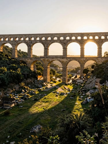 Wide-angle editorial travel photography of the majestic stone aqueduct of Arcos del Sitio during golden hour, long shadows stretching across the green canyon floor, warm sunlight hitting the stone masonry.