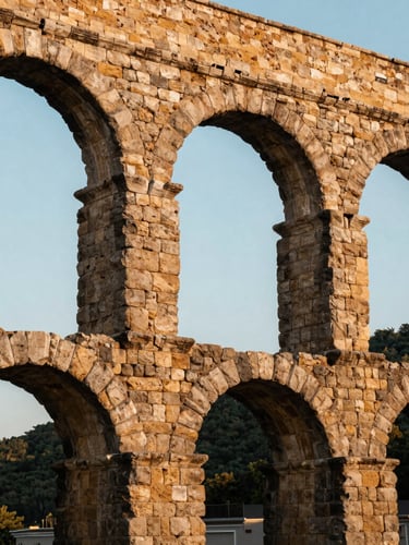 Close-up detail of the weathered stone masonry and joints of the 18th-century aqueduct, warm afternoon sun highlighting the texture of the rock, soft sky-blue sky visible through an arch, editorial photography.