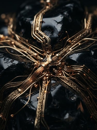 Macro close-up of polished black obsidian and brushed gold neural conduits, dramatic low-key studio lighting, sharp high-contrast reflections, 35mm