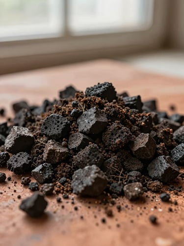 Macro shot of dark biochar granules mixed with moist soil on a rough terracotta surface, visible porous texture of charcoal particles, soft overcast natural window light, earthy burnt sienna and charcoal tones, no people, no text, agricultural documentary close-up