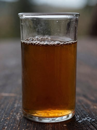 Close-up of a dark amber liquid fish fertilizer concentrate in a clear glass vessel on a rough wooden surface, small bubbles visible, overcast natural light from the side, dark earth tones background, no labels or text visible, documentary still-life framing