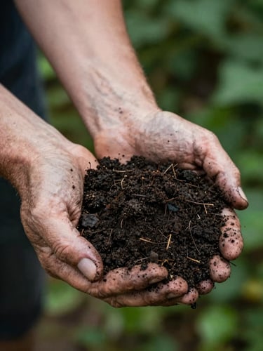Close-up of weathered hands cradling a handful of dark moist earth, fingers partially open, rich dark soil with visible texture and small organic particles, soft overcast north-facing natural light, deep forest green foliage blurred in background, no faces visible, documentary framing