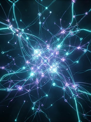 Sleek 3D render of interconnected glowing nodes, dark moody background with sharp neon-cyan edge-lighting, cinematic studio lighting, octane render
