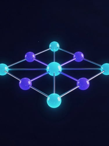 Sleek 3D render of interconnected glowing cyan and violet nodes, clean structural system architecture on a deep midnight-navy background, cinematic studio lighting