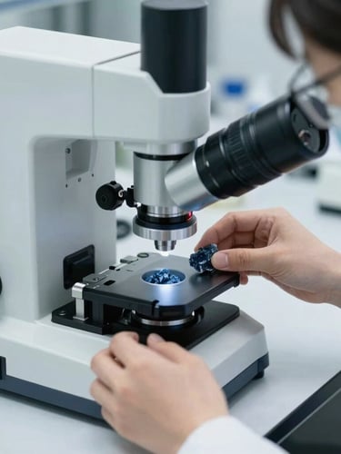 A technician in a clean laboratory setting using high-precision spectroscopy equipment to analyze mineral samples, cool daylight, slate tones.