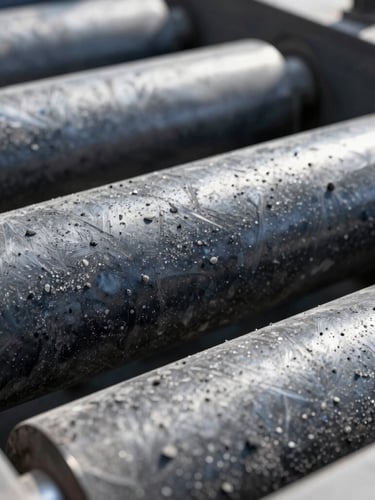 Macro photography of industrial mineral milling plant, steel rollers, cool high-contrast daylight, sharp industrial textures